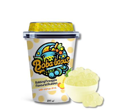 Bobalicious pineapple flavored bubbles with orange drink in a cup.